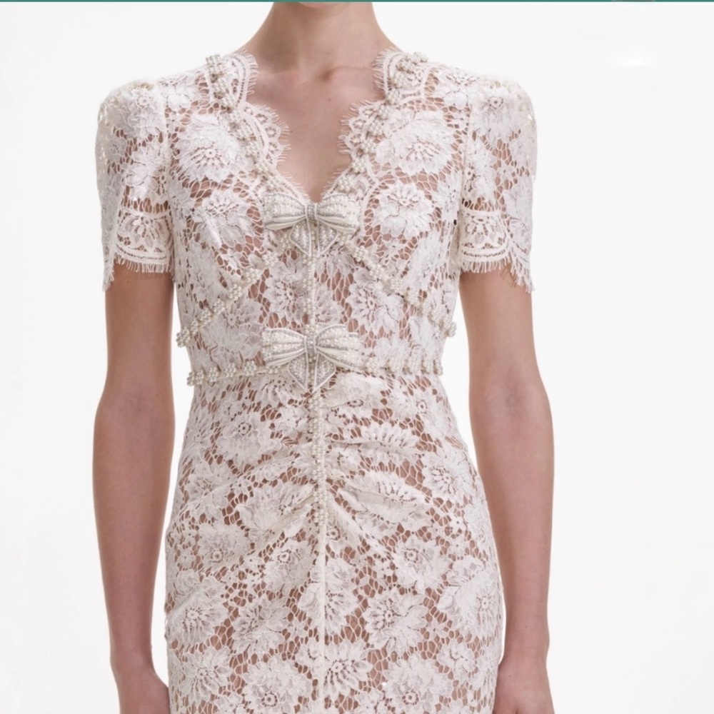 self-portrait Cream Fine Lace Pearl Midi Dress - Size US10 - MSRP $615 - NWT - Picture 4 of 7